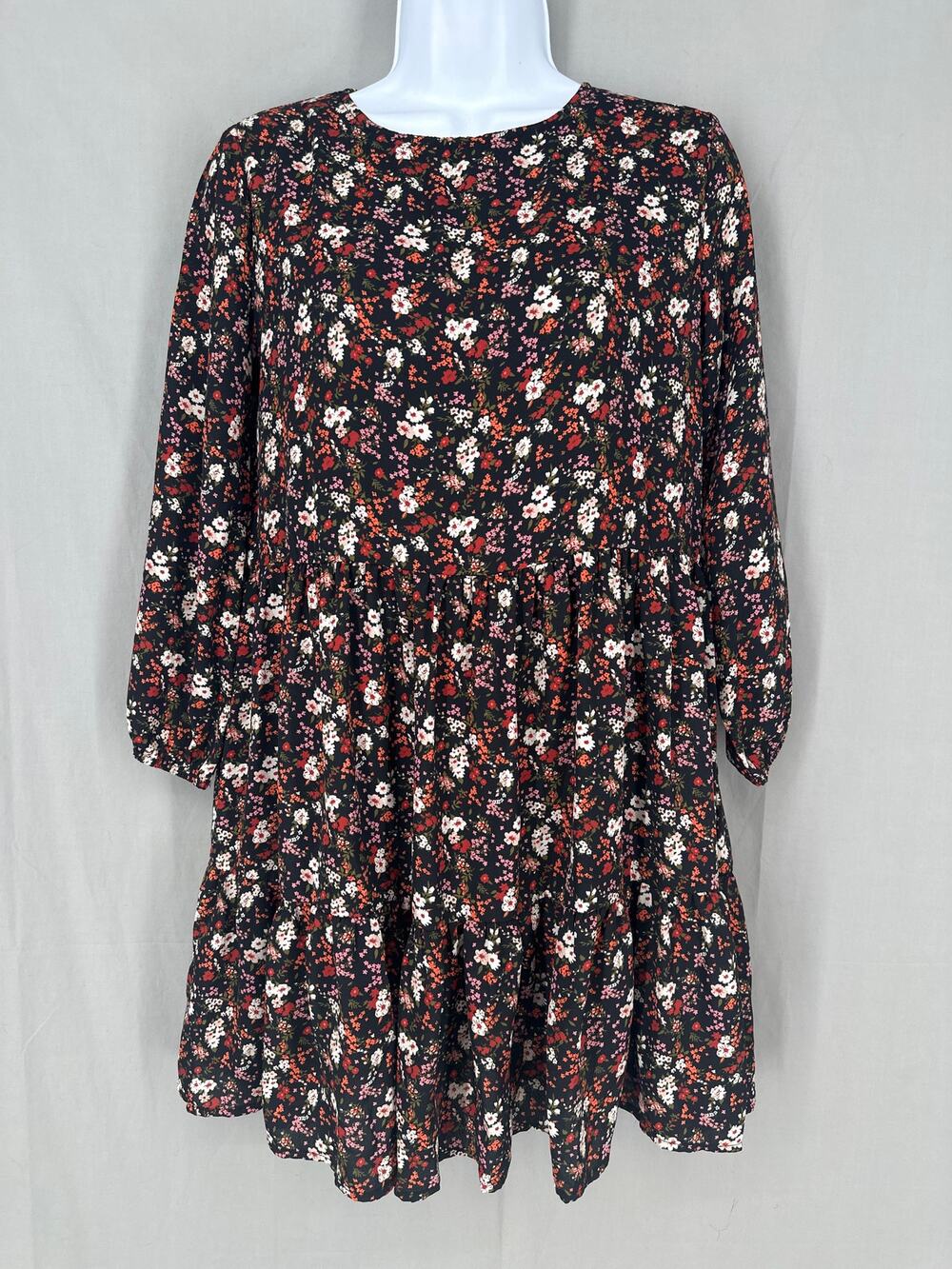 Altard State Dress Women XS Black Mini Floral Cottage Flowy Red Long Sleeve Boho